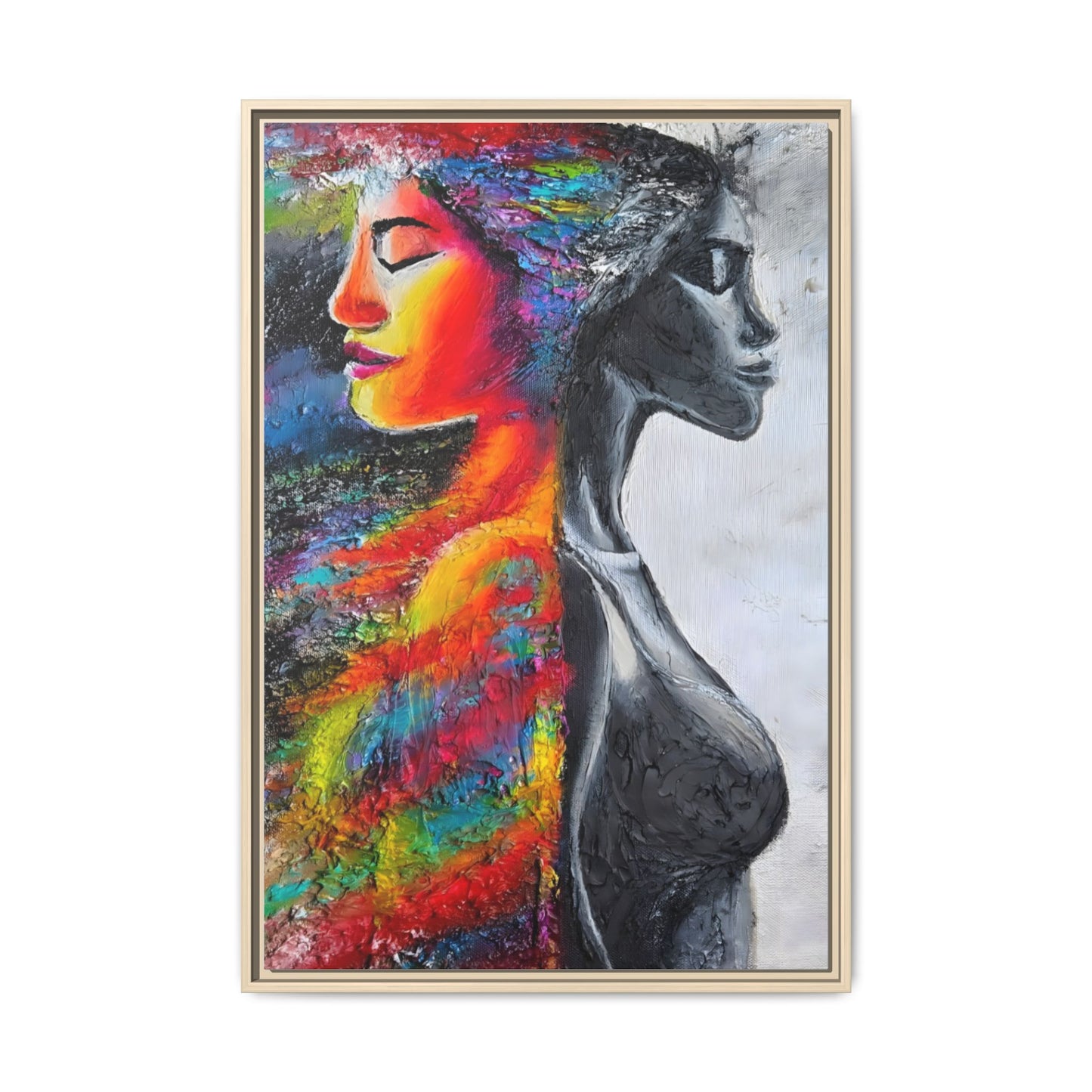 Framed Matte Canvas Art – Colorful Dual-Faced Woman Portrait