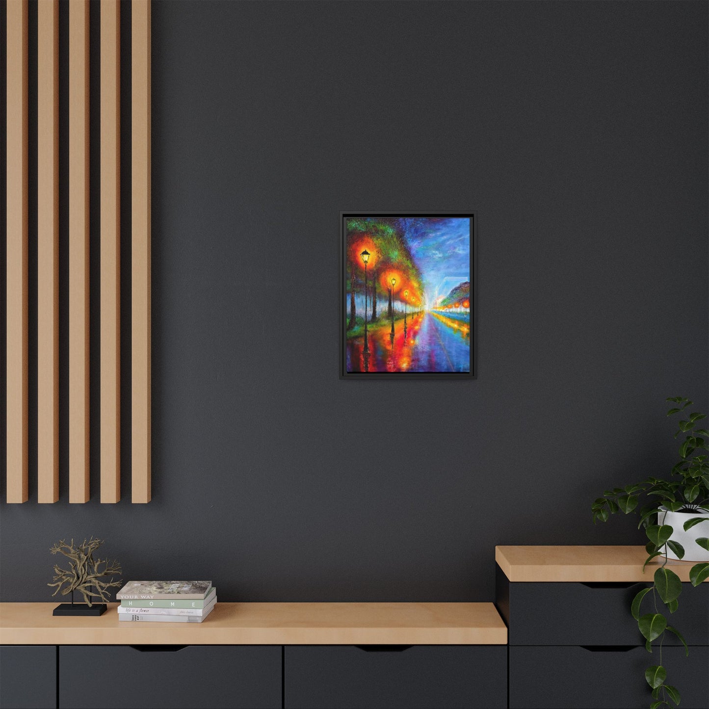 Framed Matte Canvas - Colorful City Street Lamp Nightscape