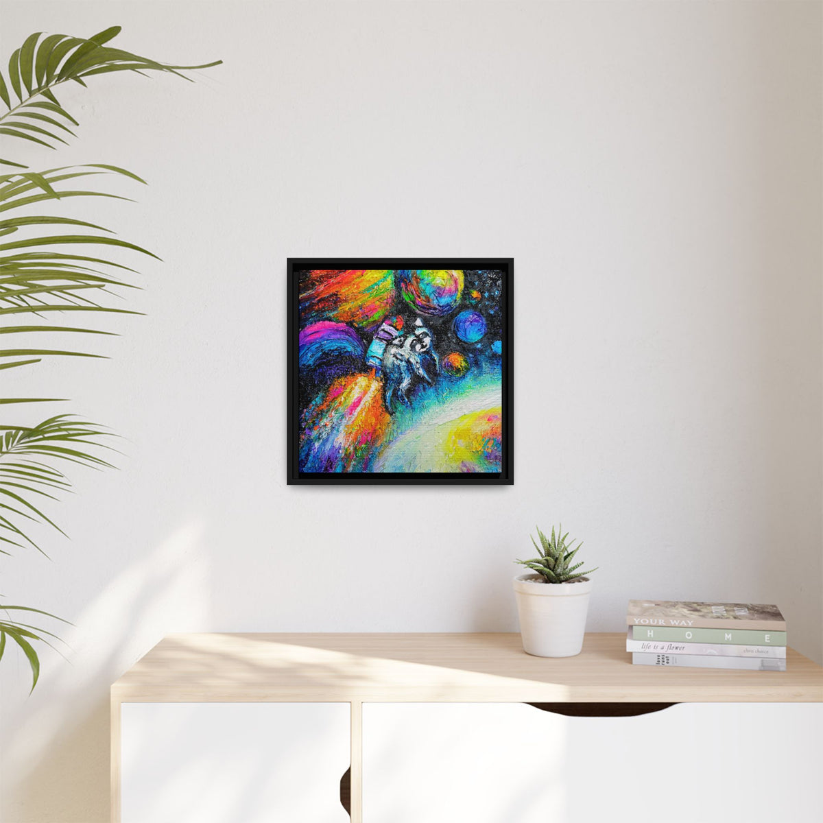 Framed Matte Jimothy in Space Canvas Art – Colorful Astronaut Space Painting