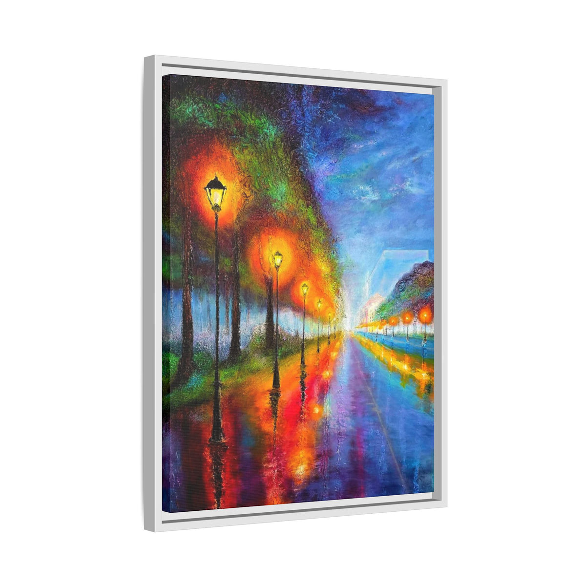 Framed Matte Canvas - Colorful City Street Lamp Nightscape