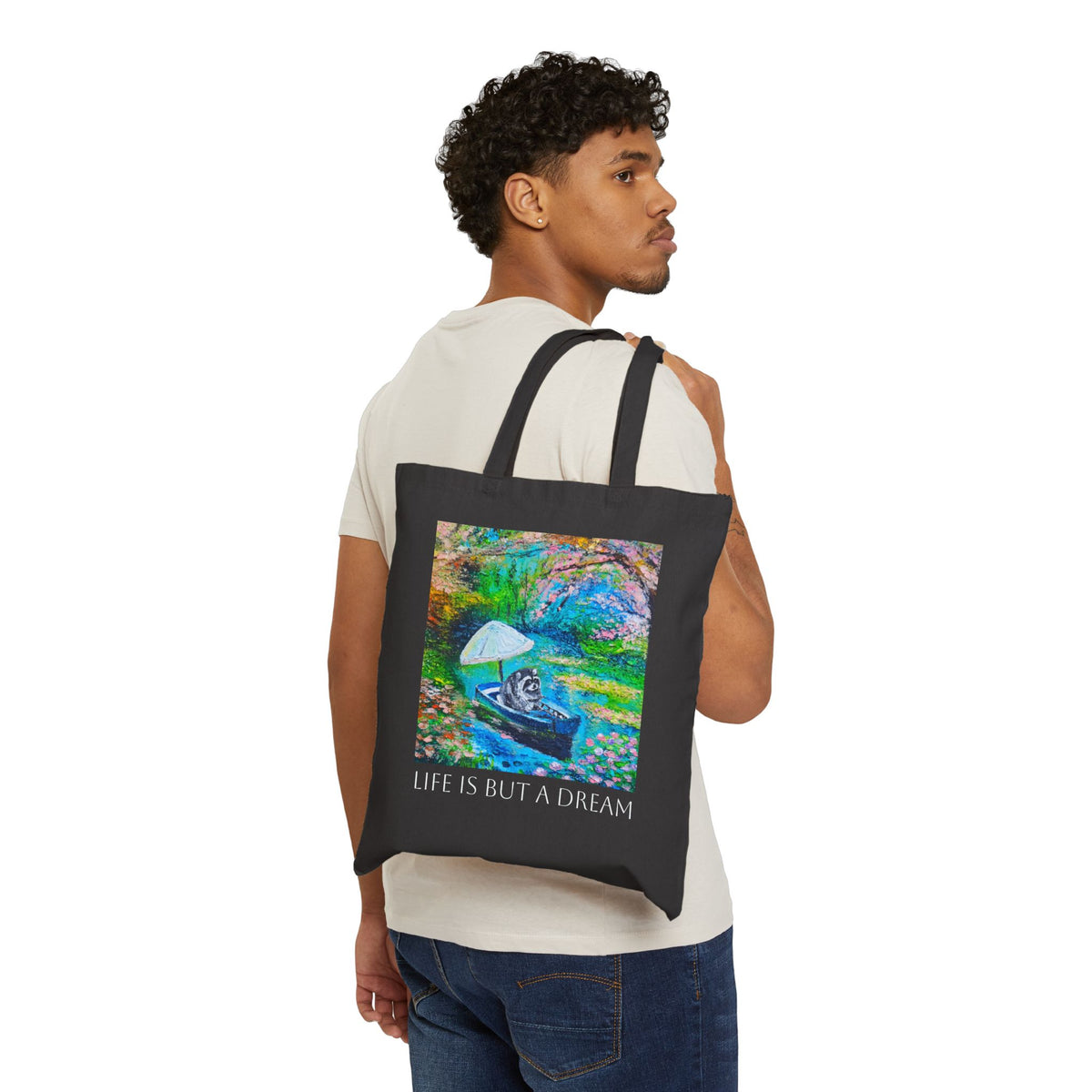 Canvas Tote - 'Life Is But A Dream' Watercolor Raccoon Boat Art