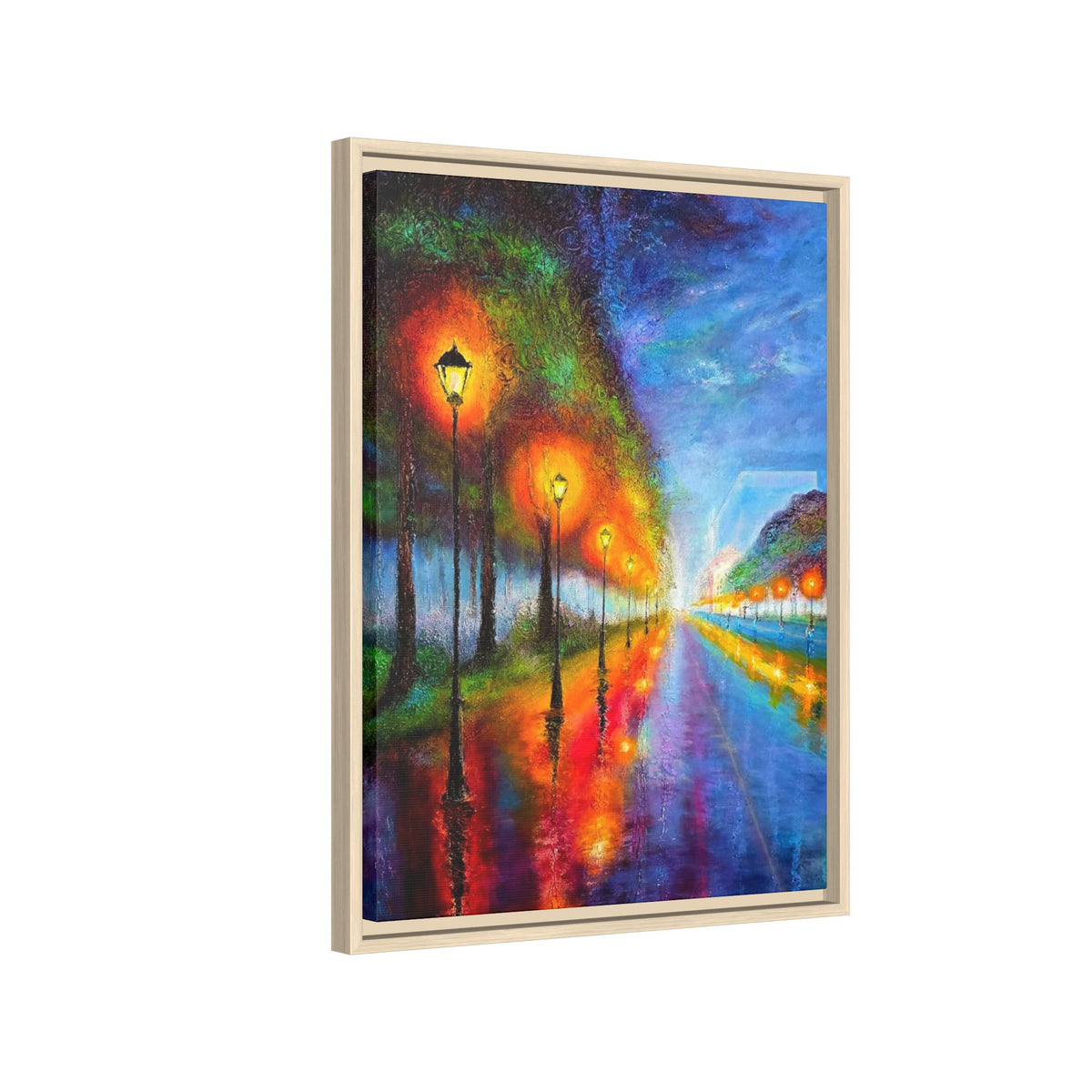 Framed Matte Canvas - Colorful City Street Lamp Nightscape