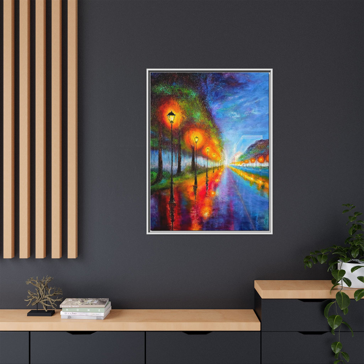 Framed Matte Canvas - Colorful City Street Lamp Nightscape