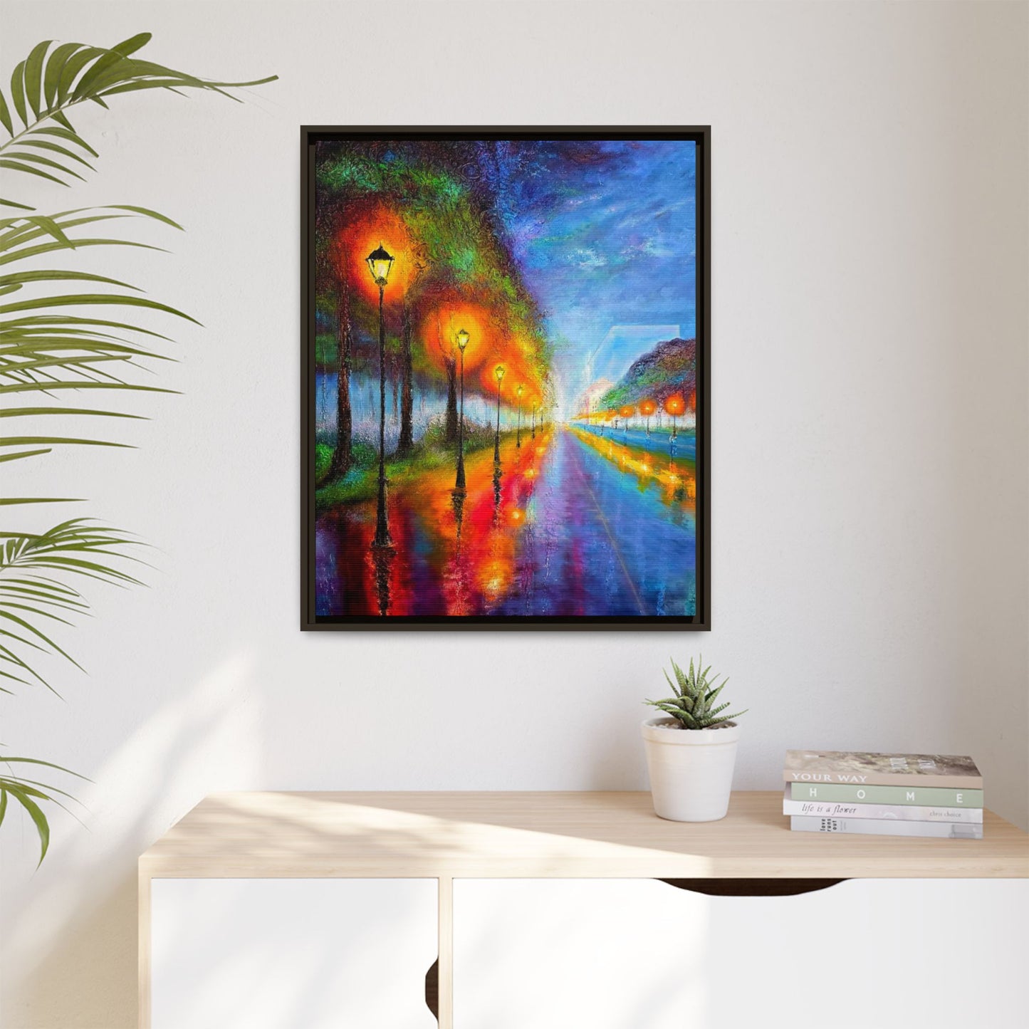 Framed Matte Canvas - Colorful City Street Lamp Nightscape