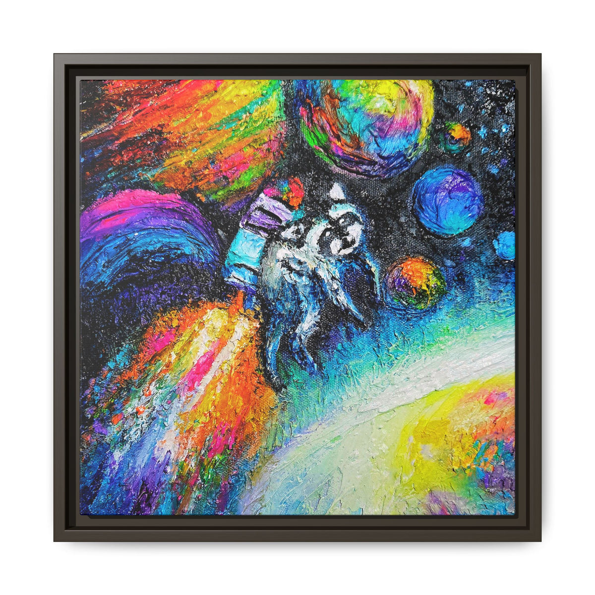 Framed Matte Jimothy in Space Canvas Art – Colorful Astronaut Space Painting
