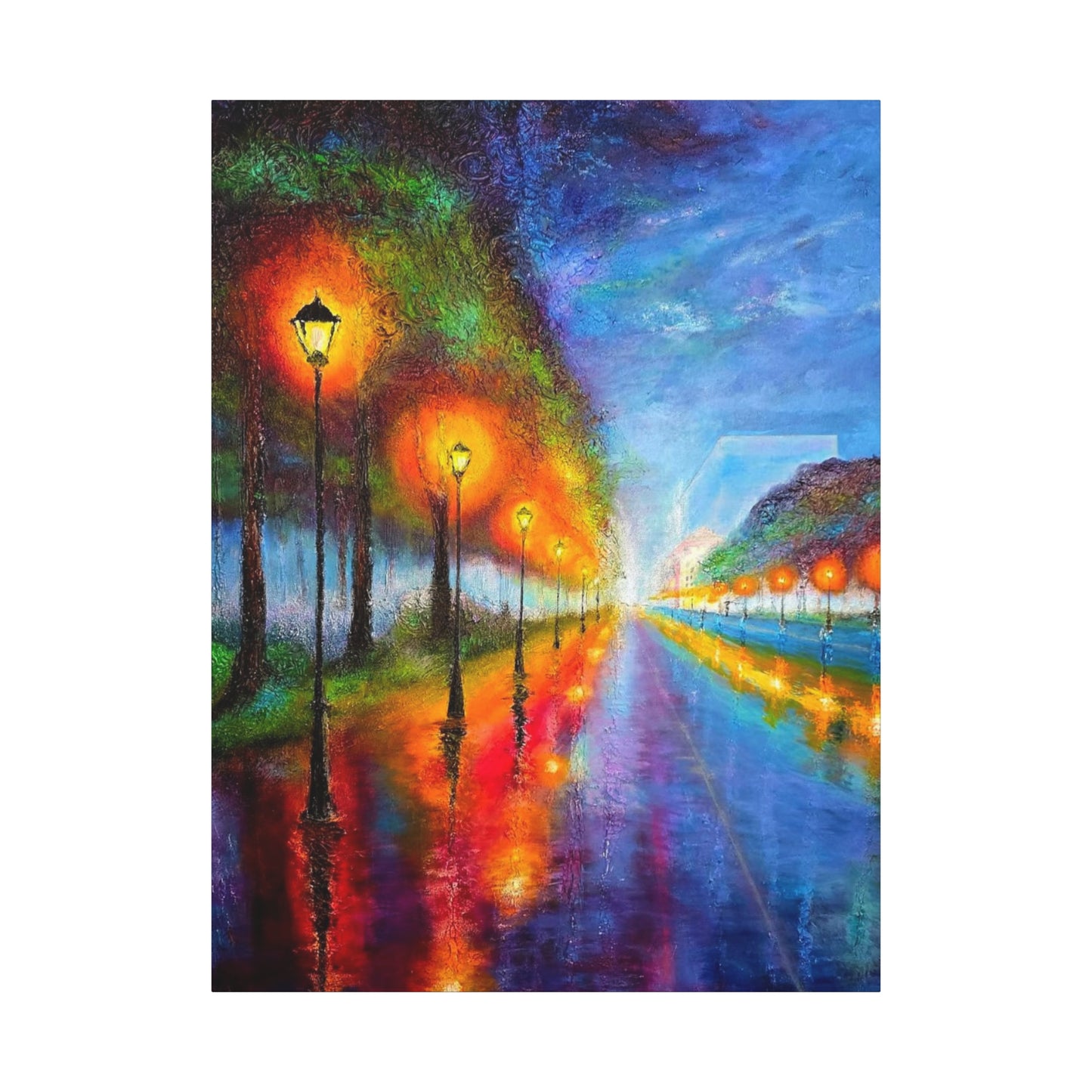 Colorful City Night Lamp Post Canvas Art — Matte Stretched Wall Decor