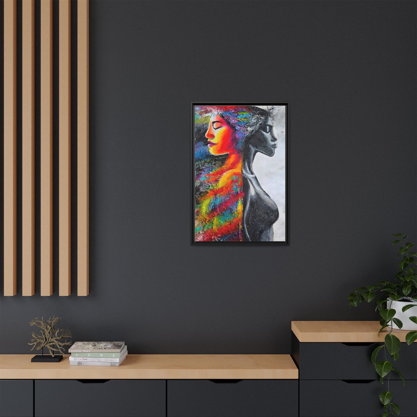 Framed Matte Canvas Art – Colorful Dual-Faced Woman Portrait