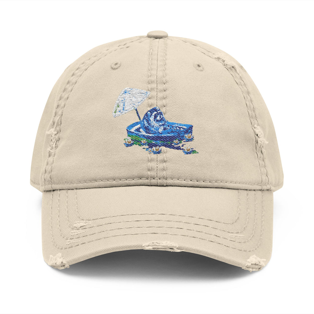Distressed Embroidered Dad Hat — Blue Abstract Raccoon Design