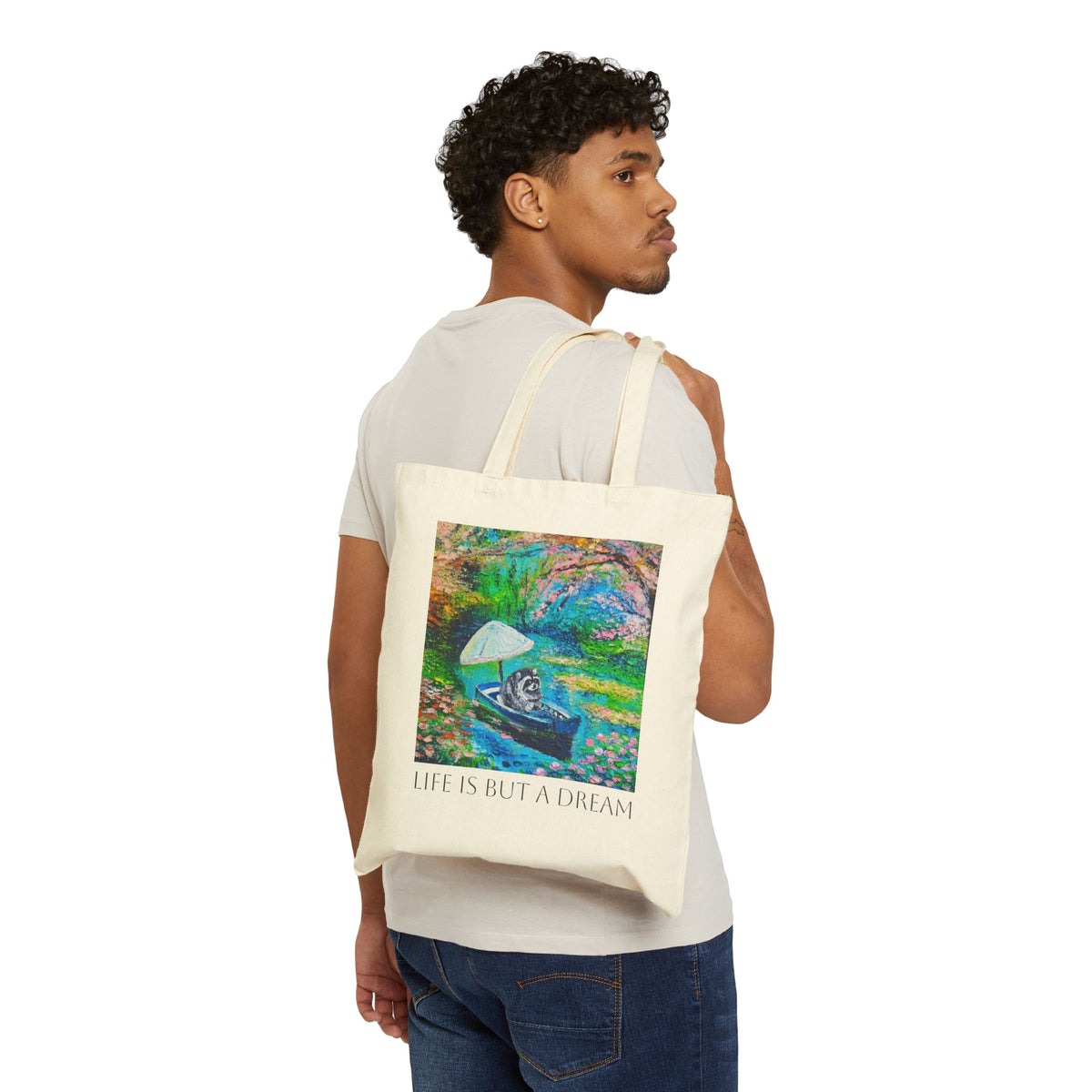 Canvas Tote - 'Life Is But A Dream' Watercolor Raccoon Boat Art