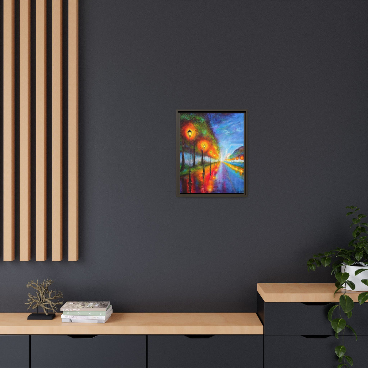 Framed Matte Canvas - Colorful City Street Lamp Nightscape