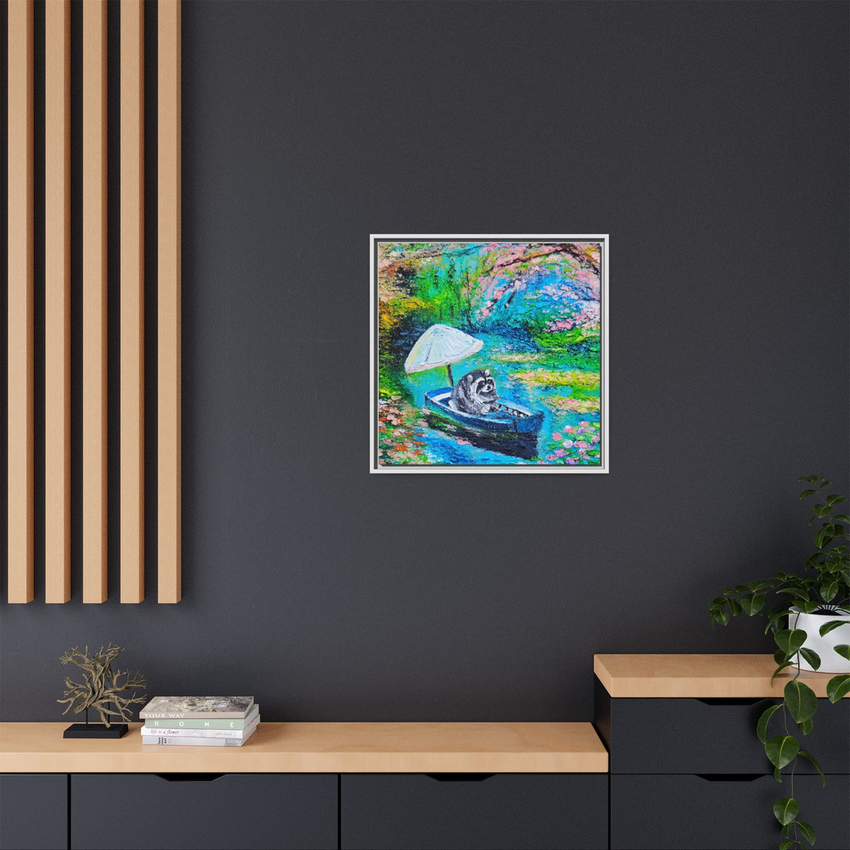 Framed Matte Canvas Art — Jimothy in a Boat Spring Landscape