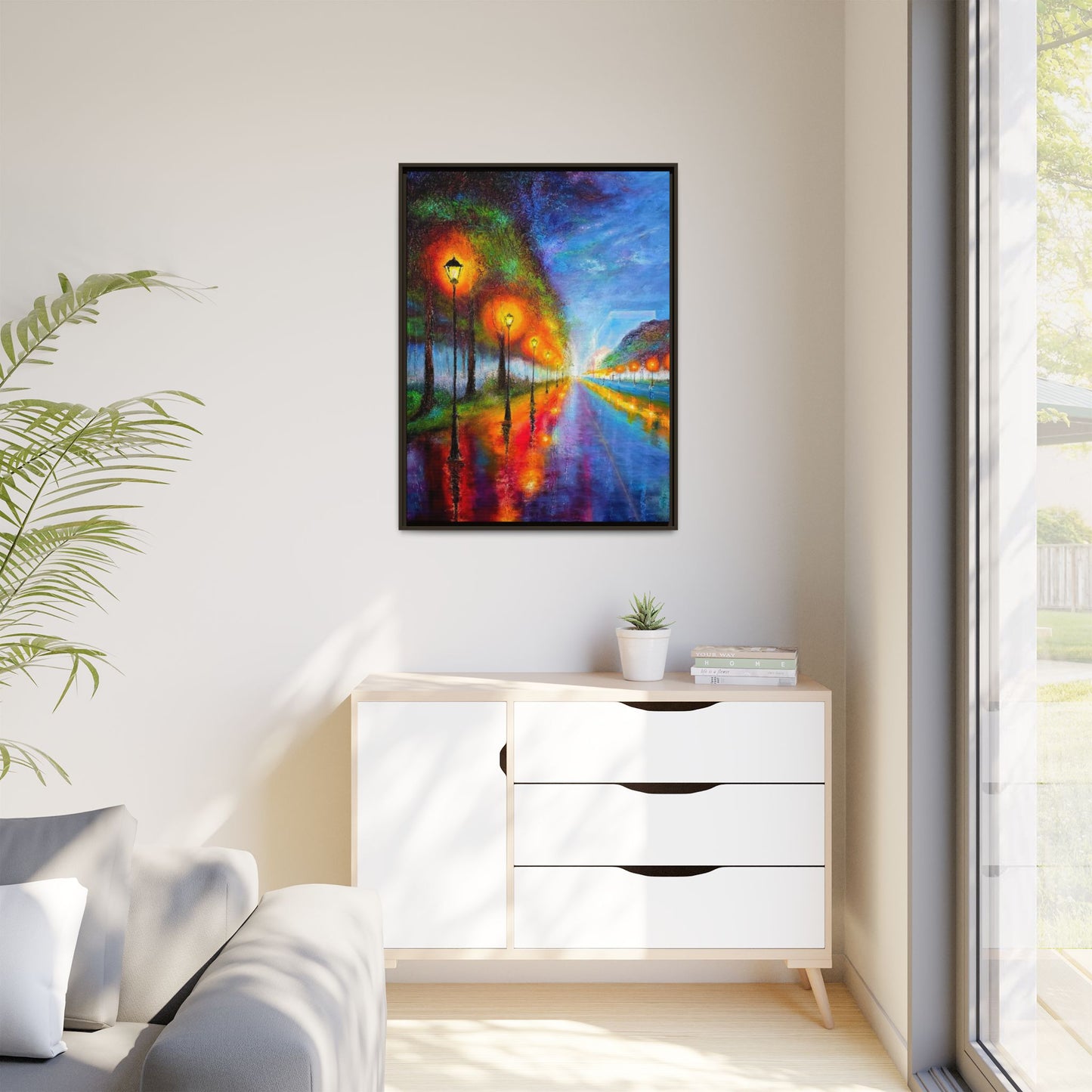 Framed Matte Canvas - Colorful City Street Lamp Nightscape