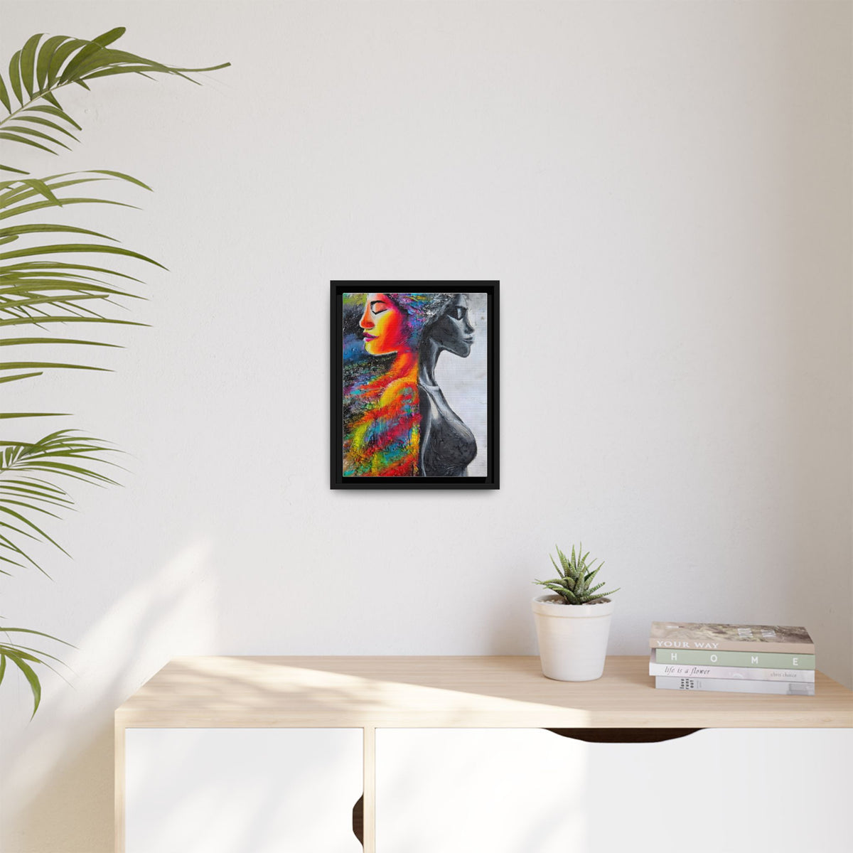 Framed Matte Canvas Art – Colorful Dual-Faced Woman Portrait