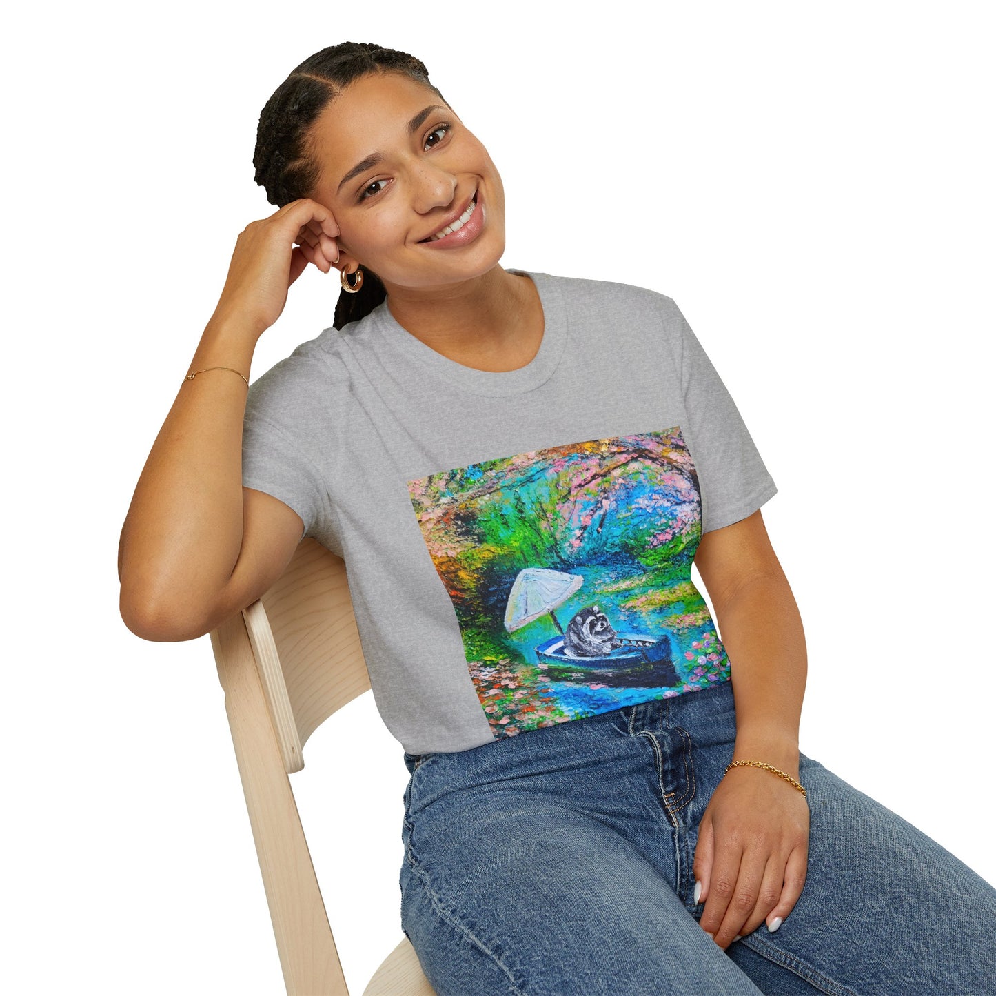 Jimothy Rides a Boat Art Tee — Colorful Impressionist River Scene