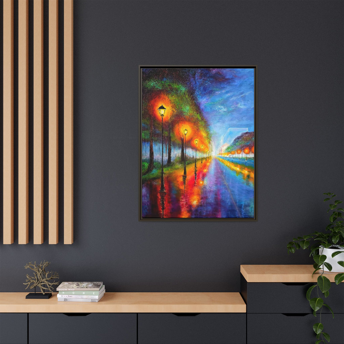 Framed Matte Canvas - Colorful City Street Lamp Nightscape