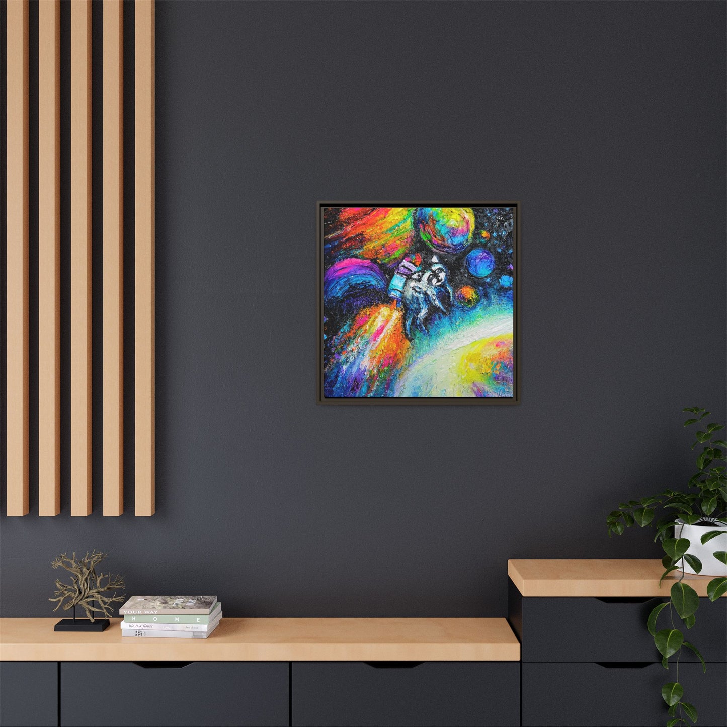 Framed Matte Jimothy in Space Canvas Art – Colorful Astronaut Space Painting