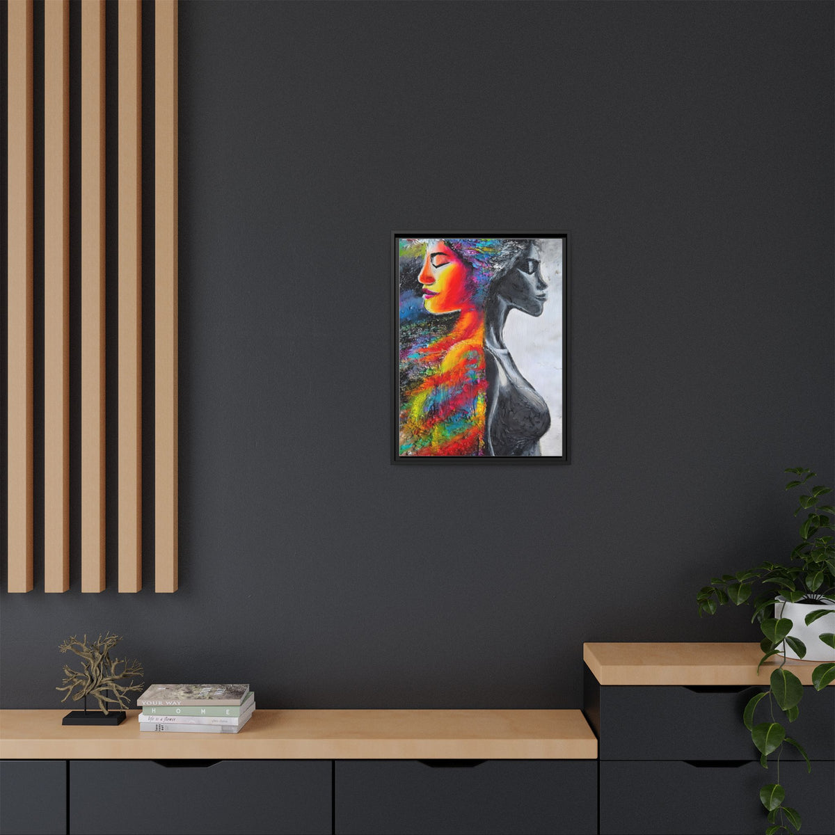Framed Matte Canvas Art – Colorful Dual-Faced Woman Portrait