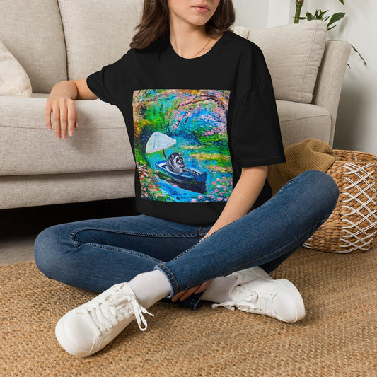 Jimothy Rides a Boat Art Tee — Colorful Impressionist River Scene
