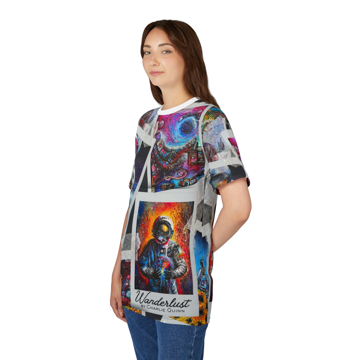 Wanderlust Astronaut Collage Tee — All-Over Print Space Art T-Shirt