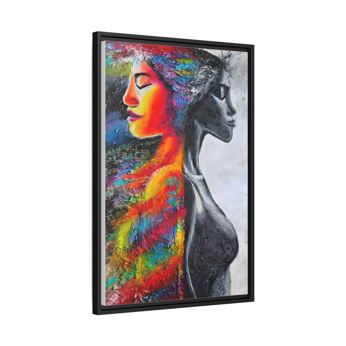 Framed Matte Canvas Art – Colorful Dual-Faced Woman Portrait
