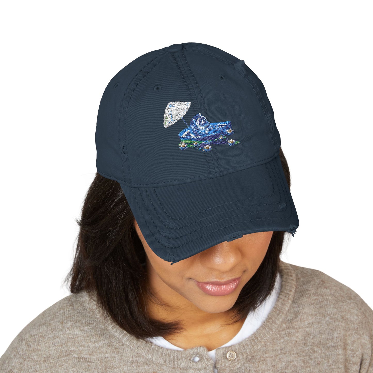 Distressed Embroidered Dad Hat — Blue Abstract Raccoon Design