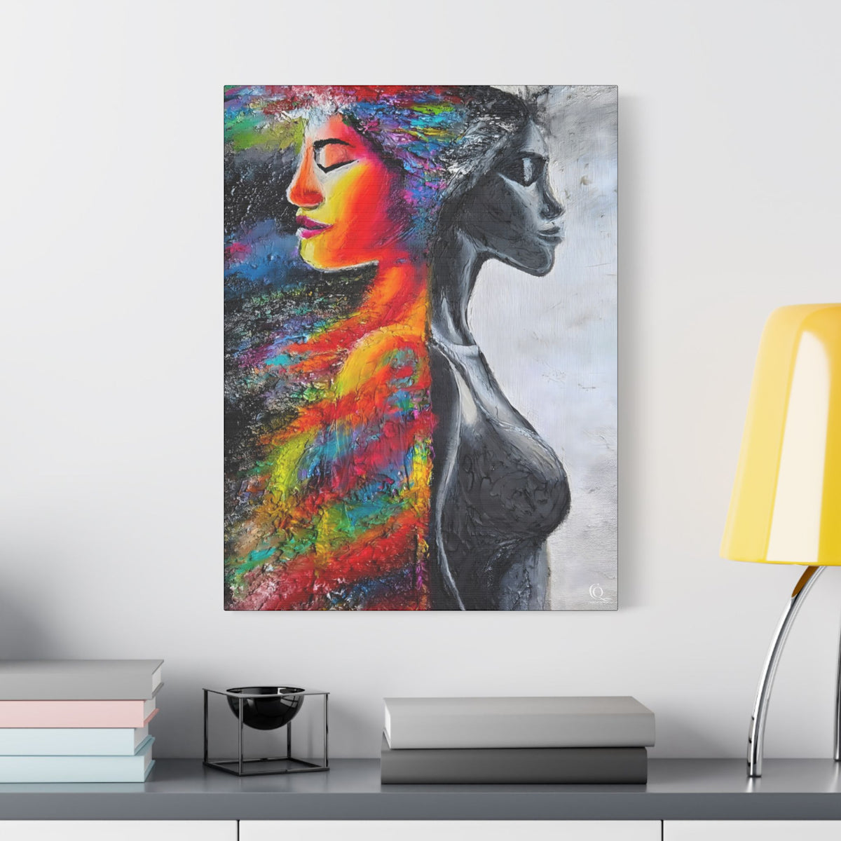 Abstract Duality Portrait Satin Canvas Art - Colorful Woman & Monochrome Silhouette Stretched