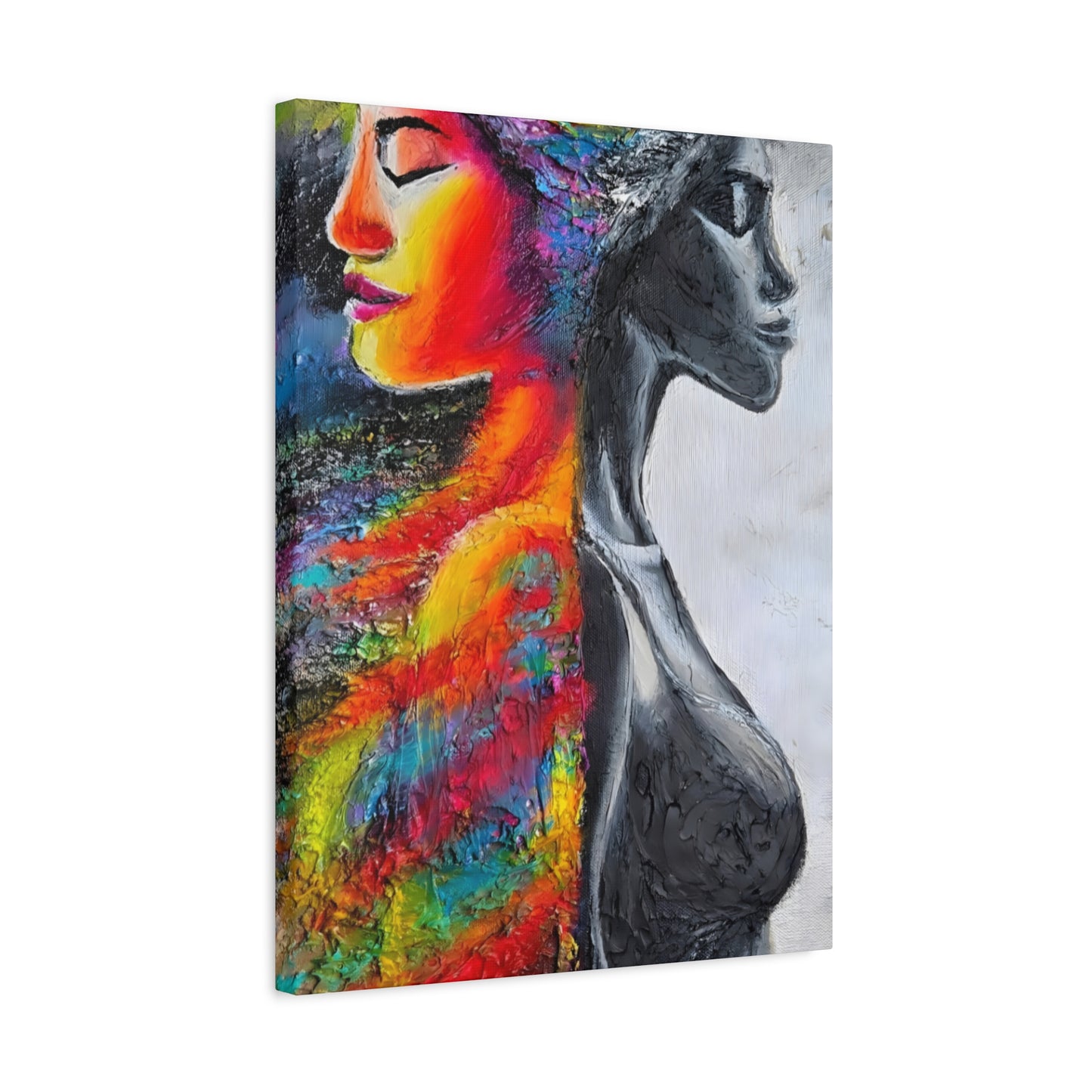 Duality Portrait Canvas Print — Colorful Woman & Monochrome Silhouette Stretched Matte