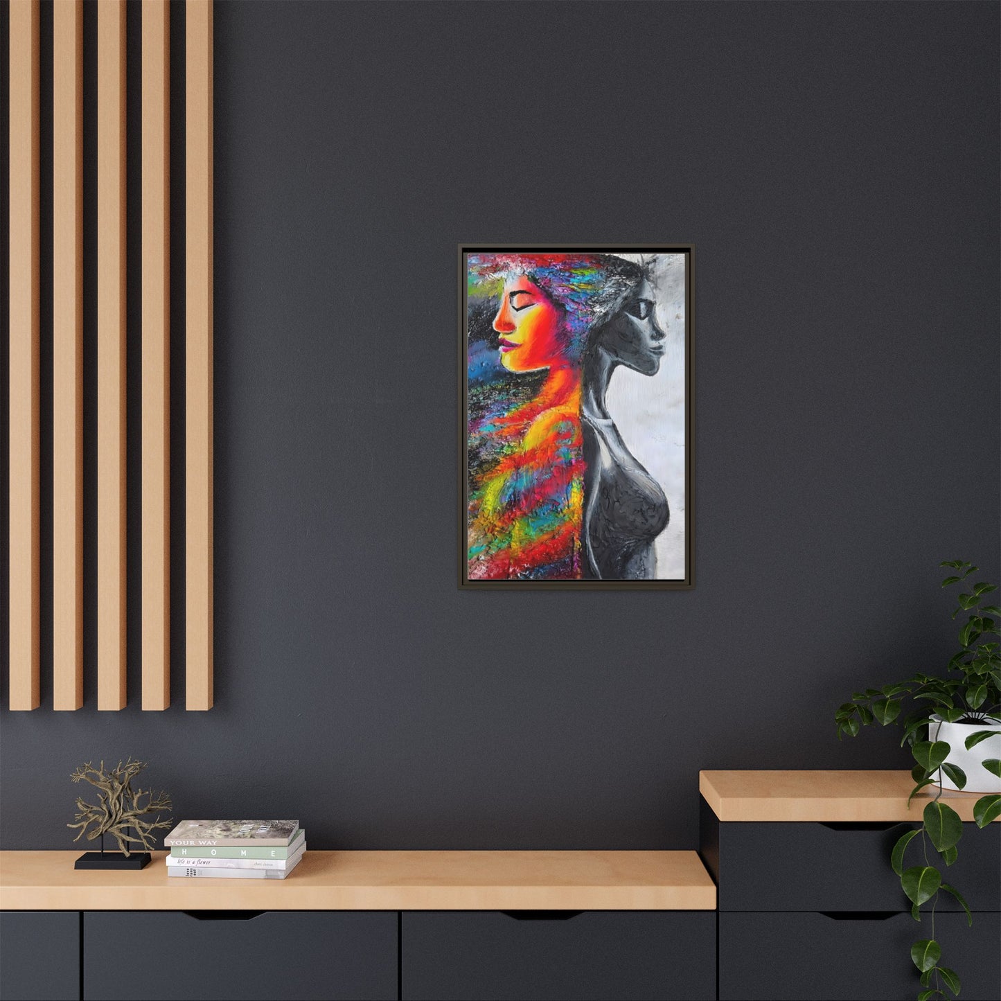 Framed Matte Canvas Art – Colorful Dual-Faced Woman Portrait