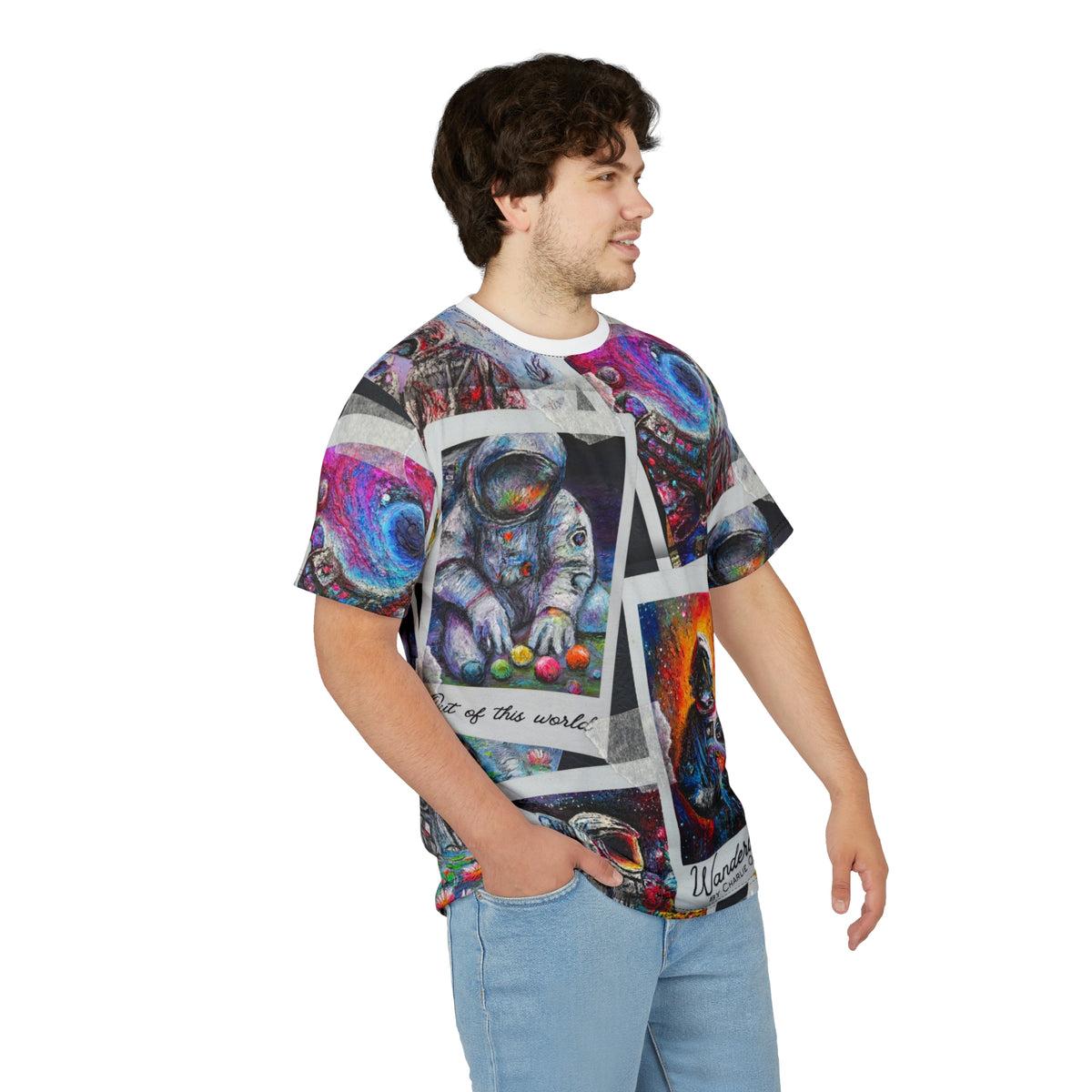 Wanderlust Astronaut Collage Tee — All-Over Print Space Art T-Shirt
