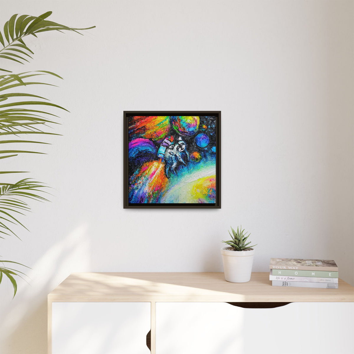 Framed Matte Jimothy in Space Canvas Art – Colorful Astronaut Space Painting