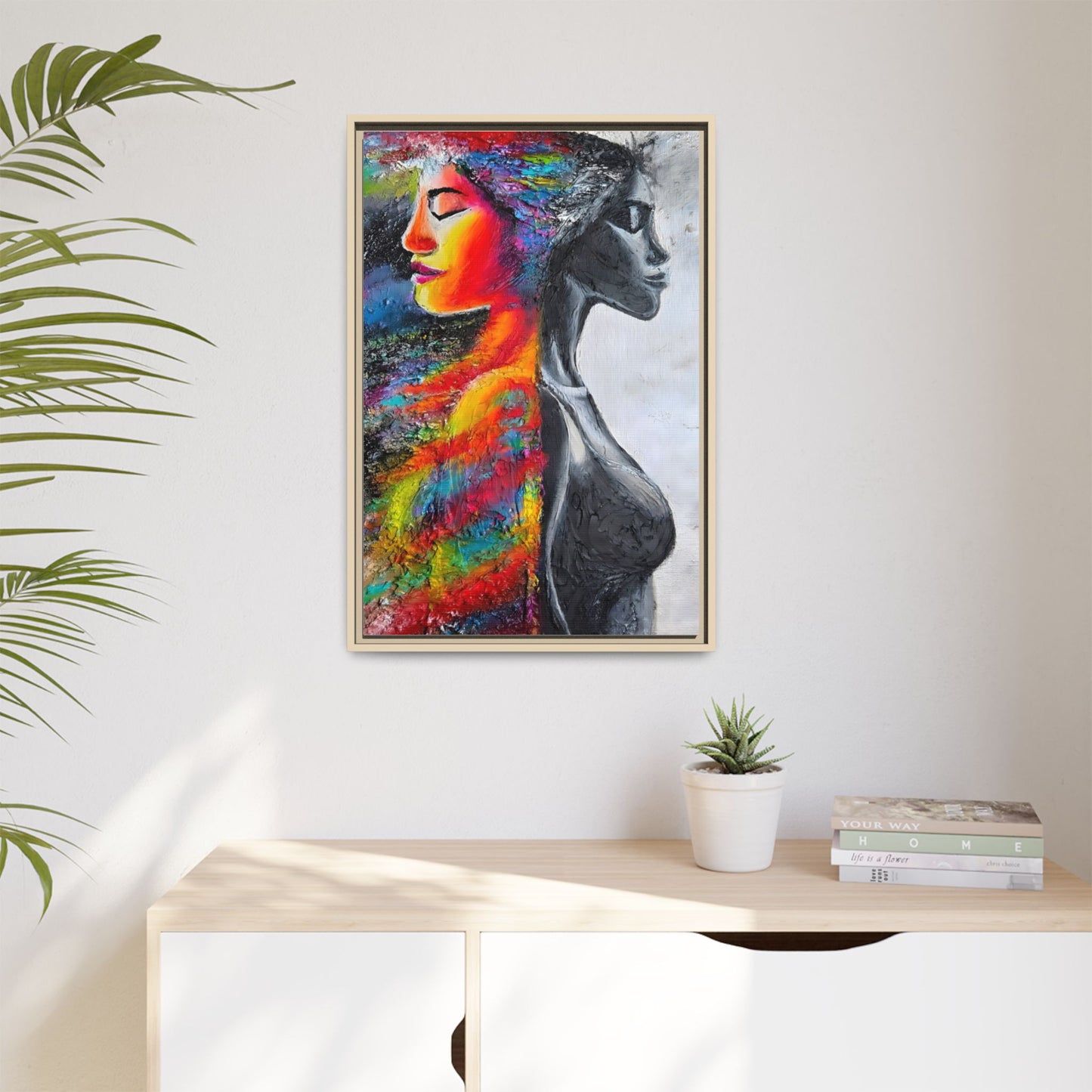 Framed Matte Canvas Art – Colorful Dual-Faced Woman Portrait