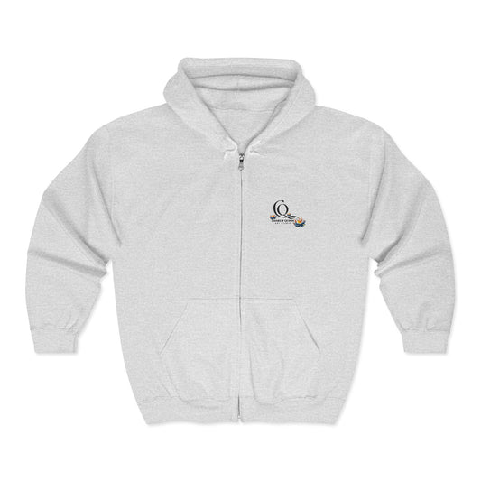 Minimalist Penguin & Fish Zip Hoodie — Cute Penguin Fishing Embroidered Full-Zip Sweatshirt
