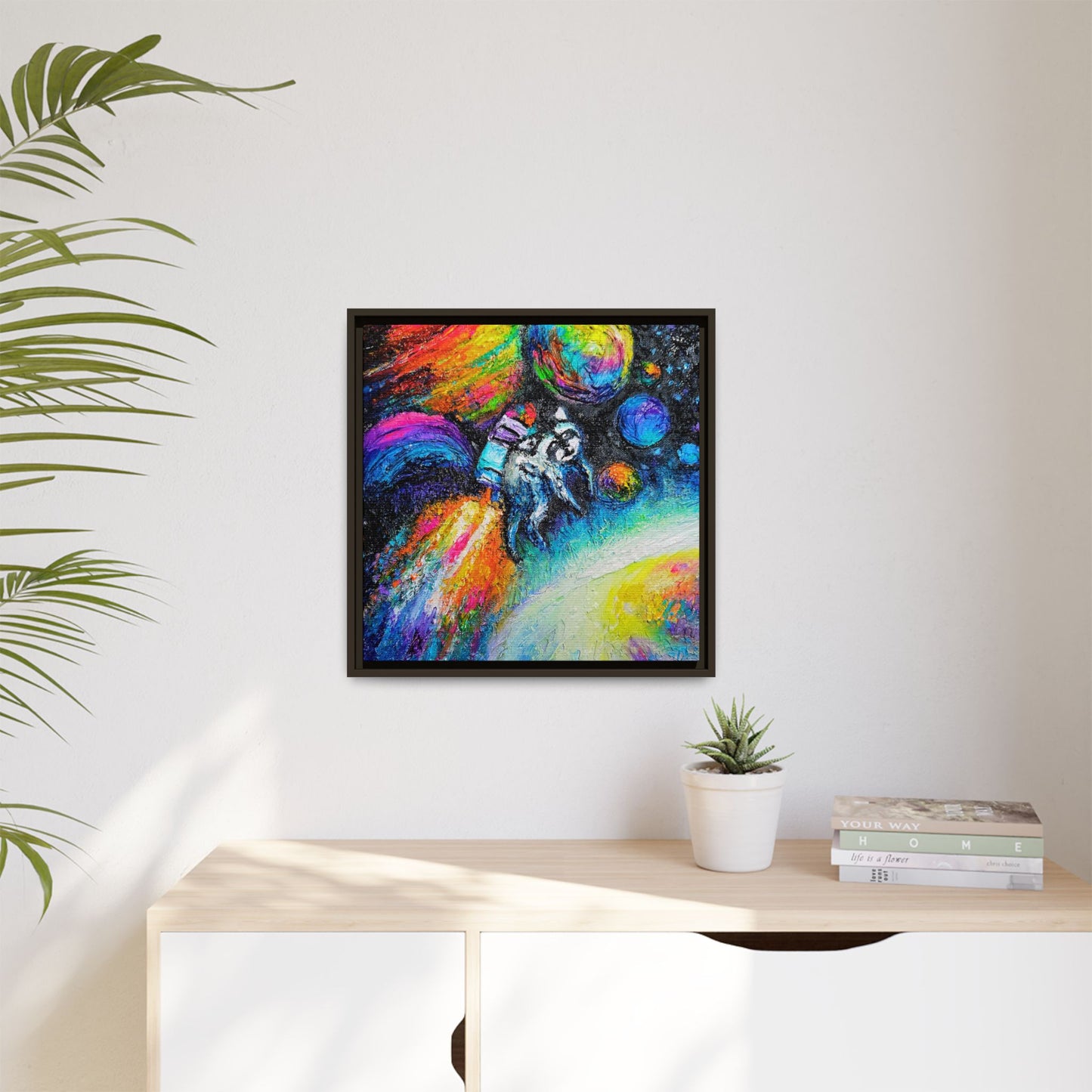 Framed Matte Jimothy in Space Canvas Art – Colorful Astronaut Space Painting