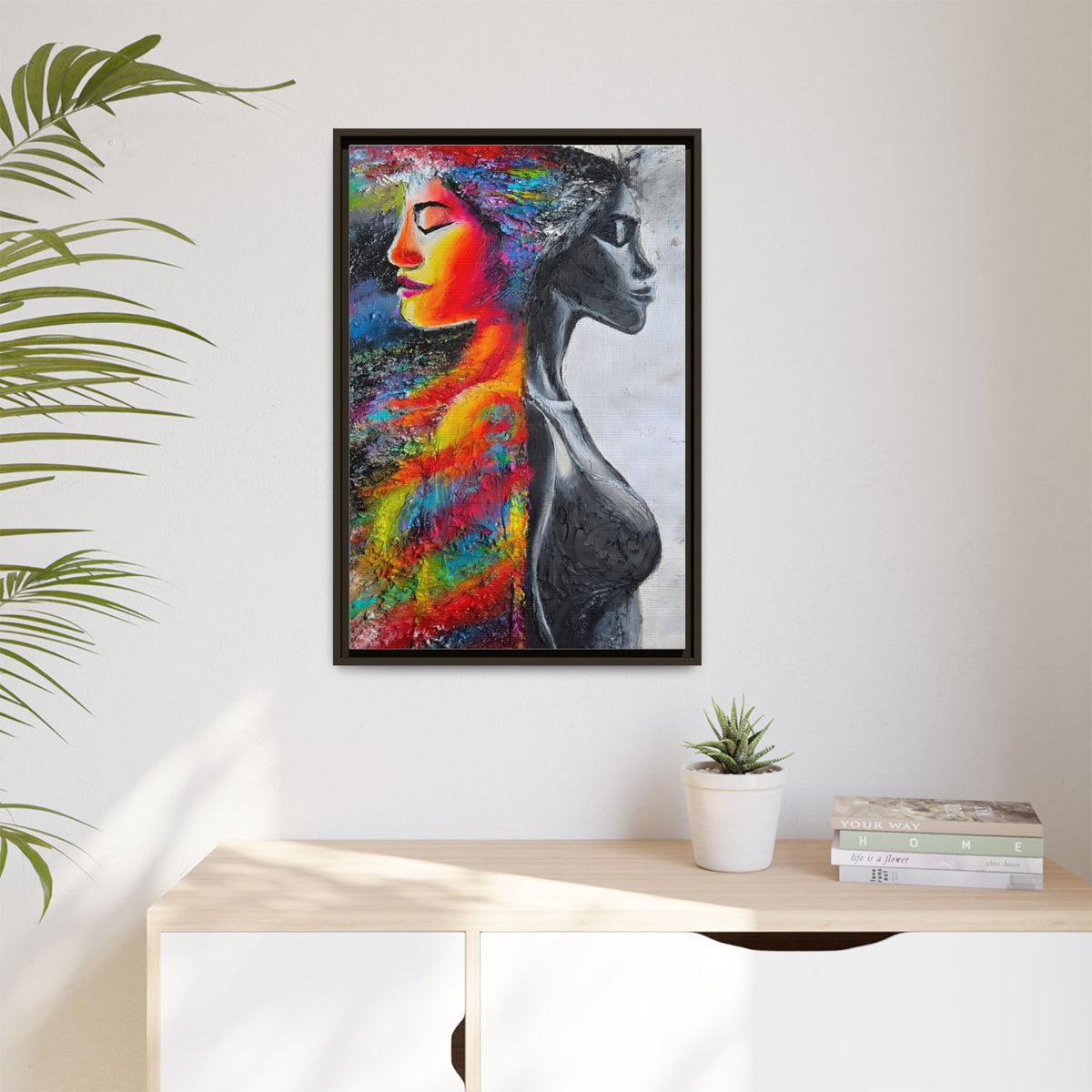 Framed Matte Canvas Art – Colorful Dual-Faced Woman Portrait
