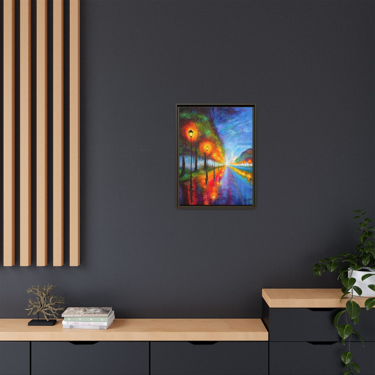 Framed Matte Canvas - Colorful City Street Lamp Nightscape