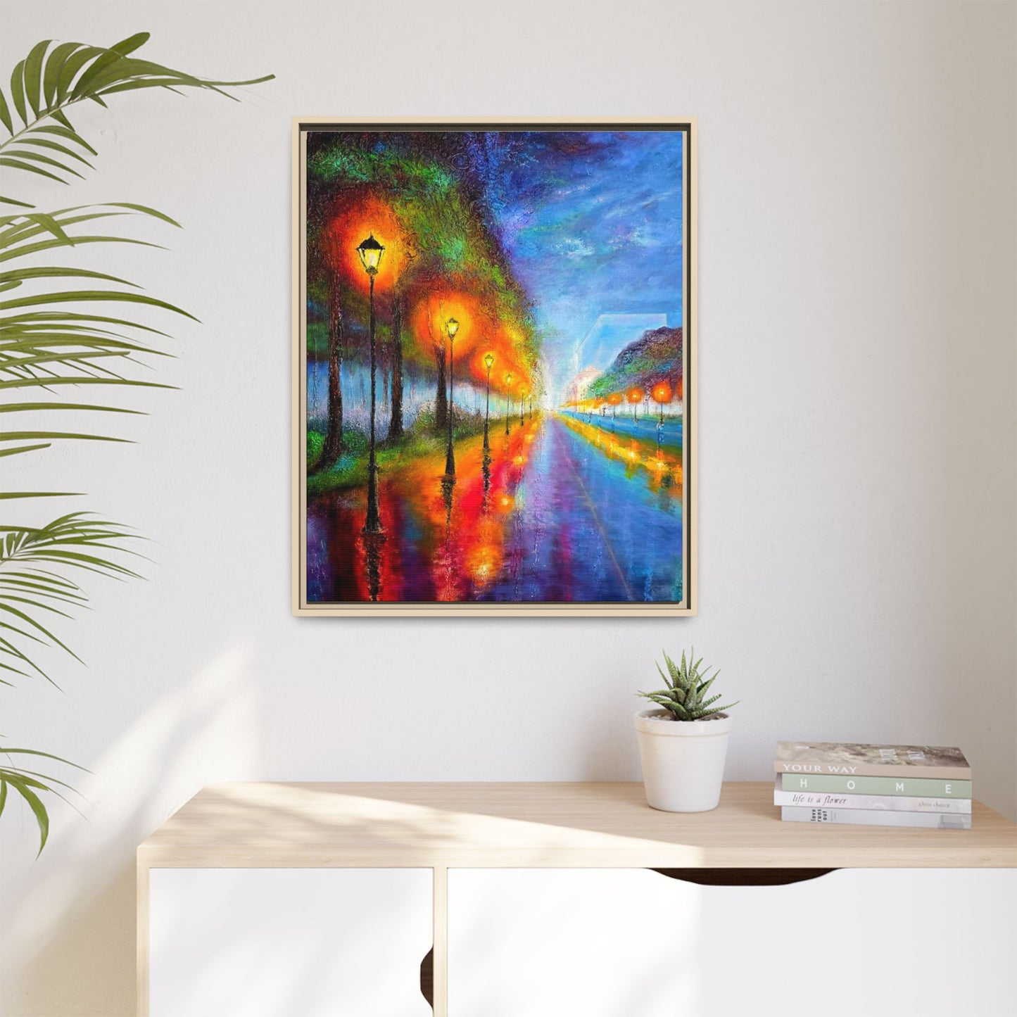 Framed Matte Canvas - Colorful City Street Lamp Nightscape
