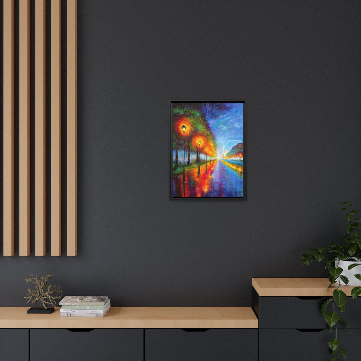 Framed Matte Canvas - Colorful City Street Lamp Nightscape