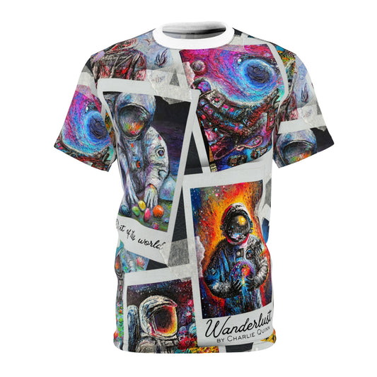 Wanderlust Astronaut Collage Tee — All-Over Print Space Art T-Shirt
