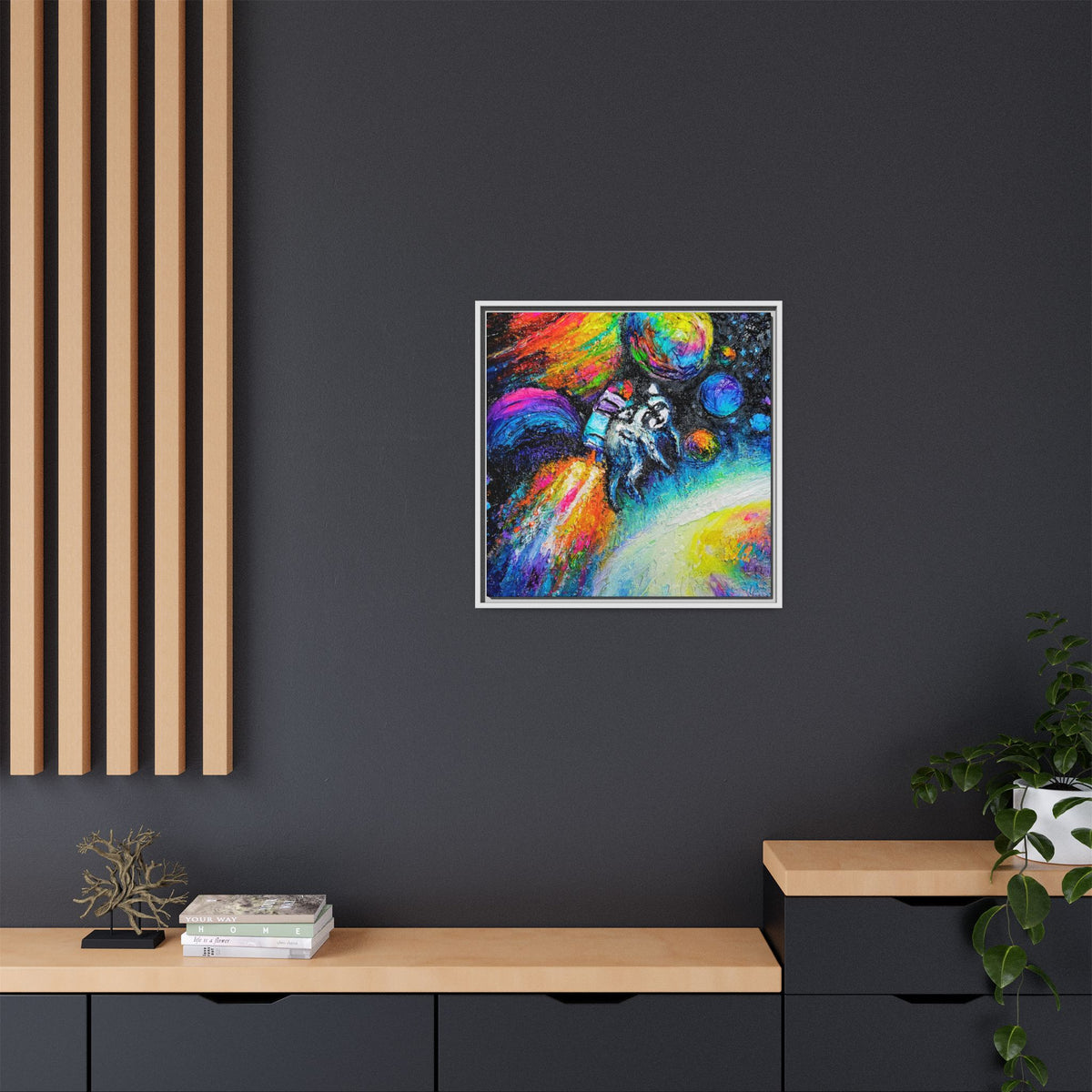 Framed Matte Jimothy in Space Canvas Art – Colorful Astronaut Space Painting
