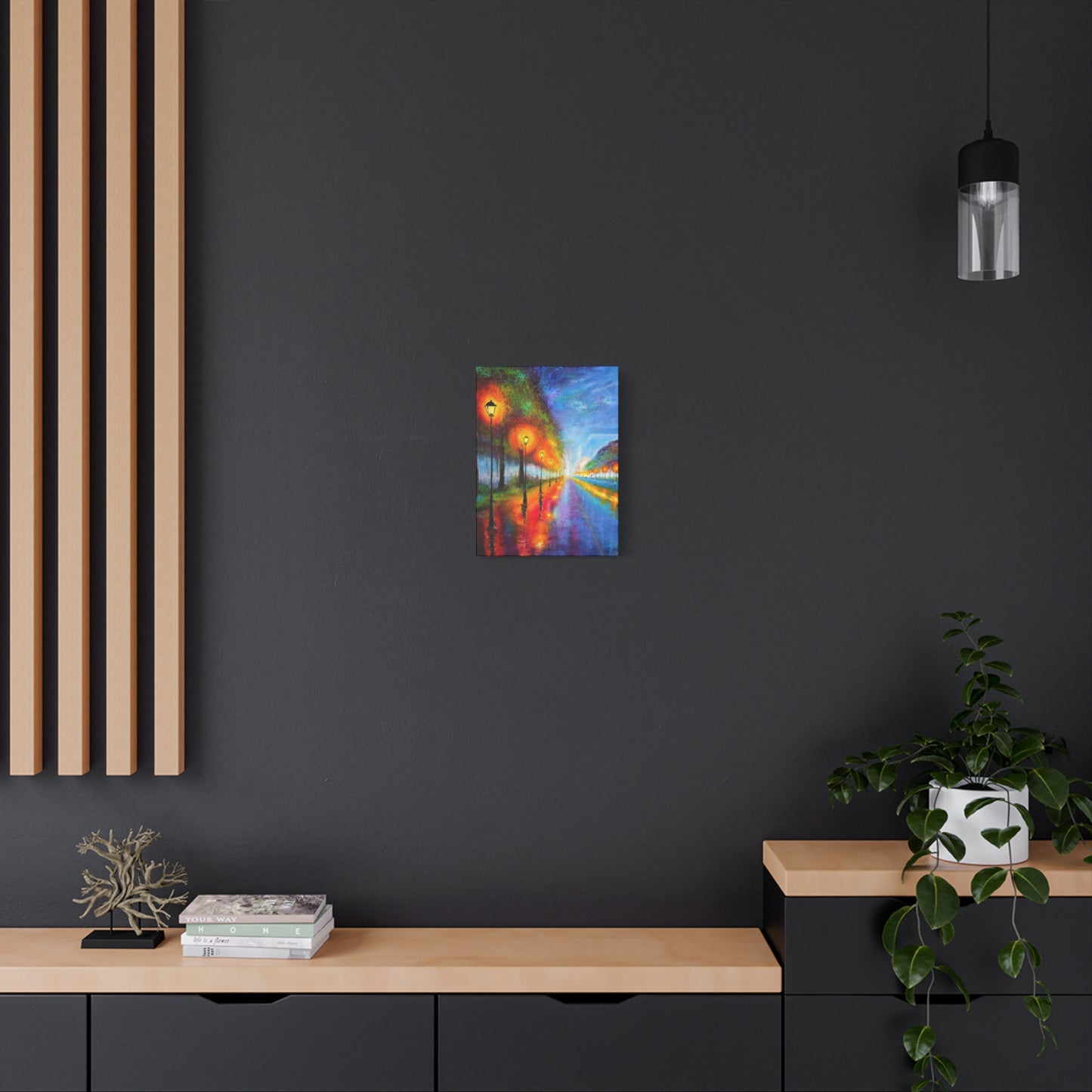 Colorful City Night Lamp Post Canvas Art — Matte Stretched Wall Decor