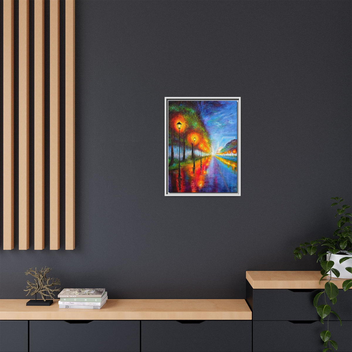 Framed Matte Canvas - Colorful City Street Lamp Nightscape