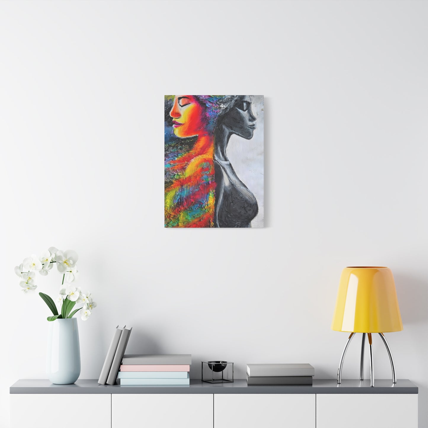 Duality Portrait Canvas Print — Colorful Woman & Monochrome Silhouette Stretched Matte