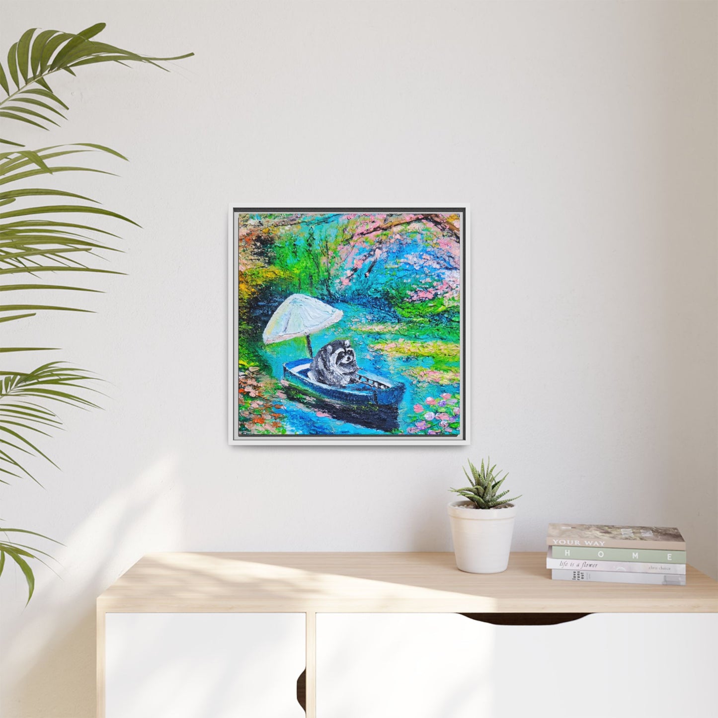 Framed Matte Canvas Art — Jimothy in a Boat Spring Landscape