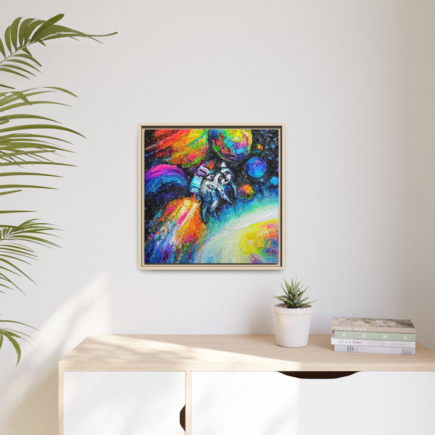 Framed Matte Jimothy in Space Canvas Art – Colorful Astronaut Space Painting