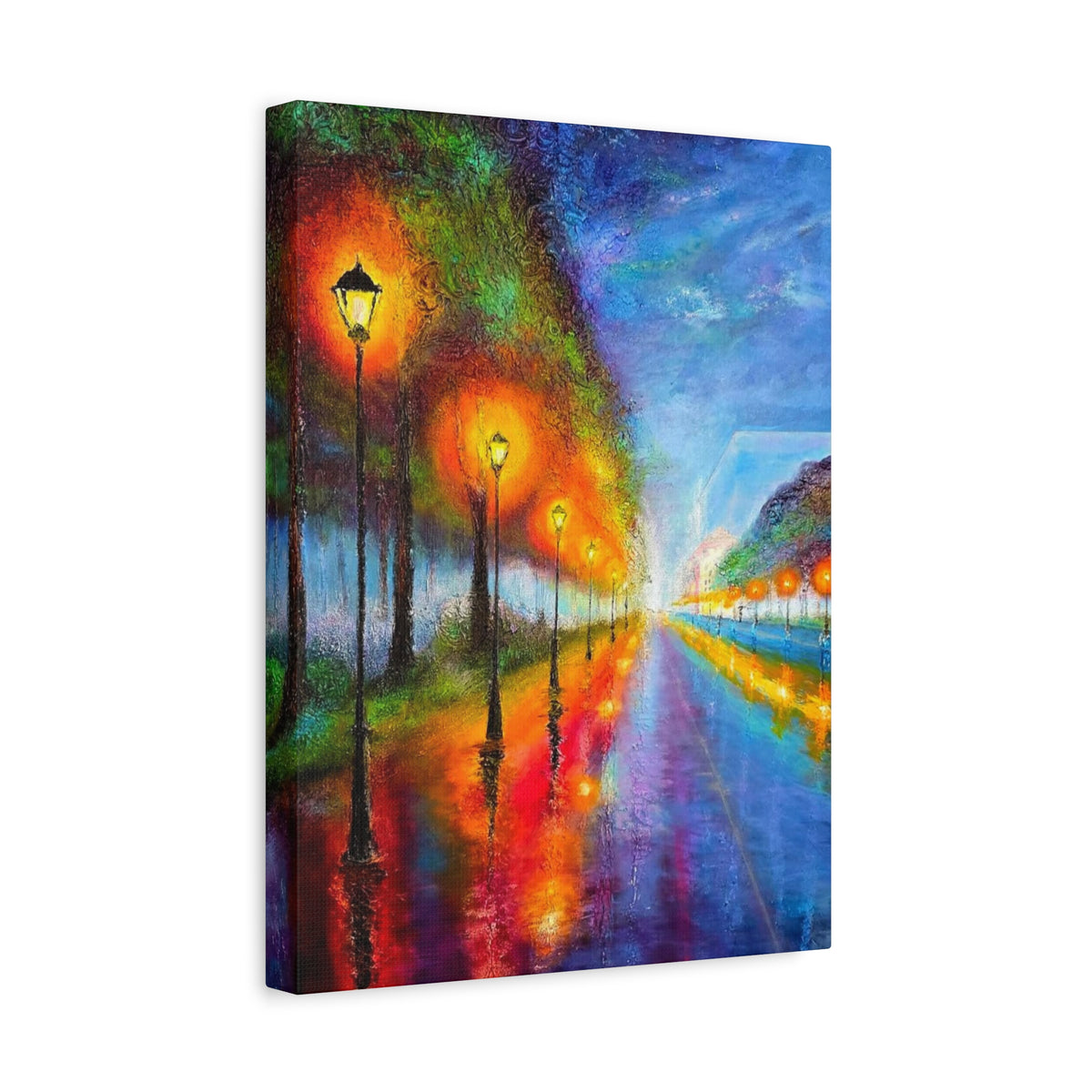 Colorful City Night Lamp Post Canvas Art — Matte Stretched Wall Decor
