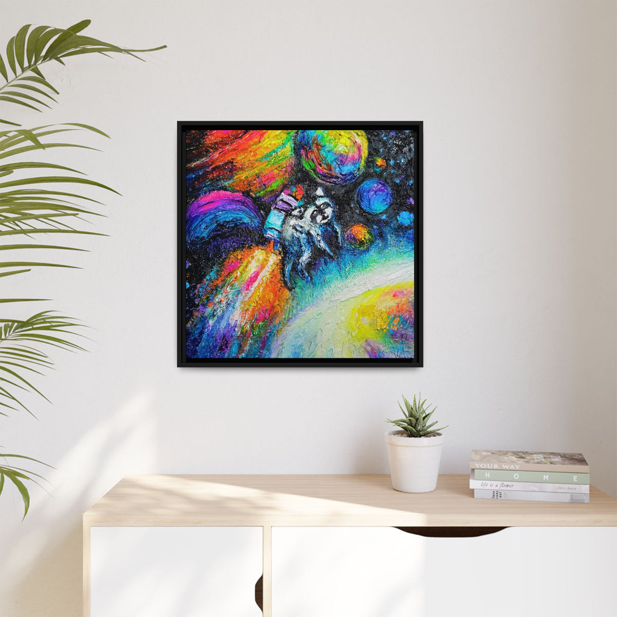 Framed Matte Jimothy in Space Canvas Art – Colorful Astronaut Space Painting