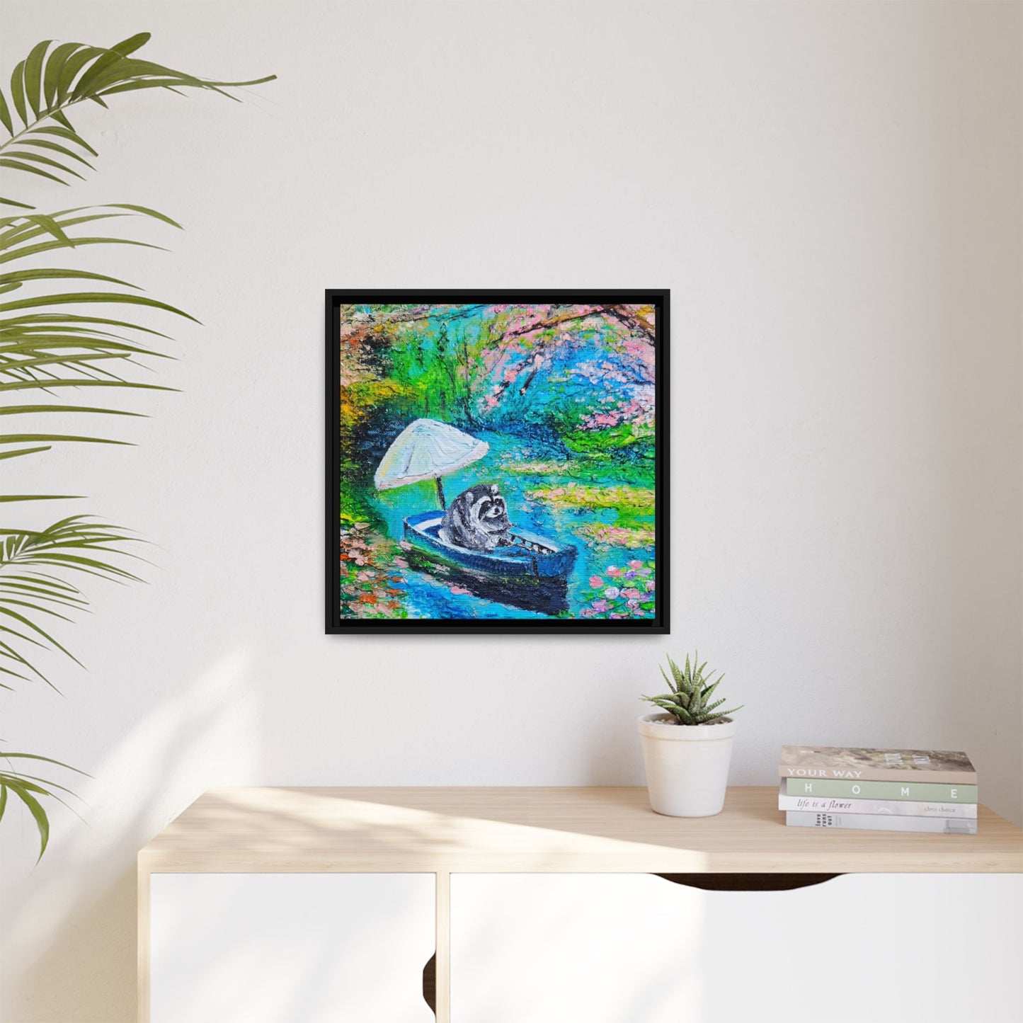 Framed Matte Canvas Art — Jimothy in a Boat Spring Landscape