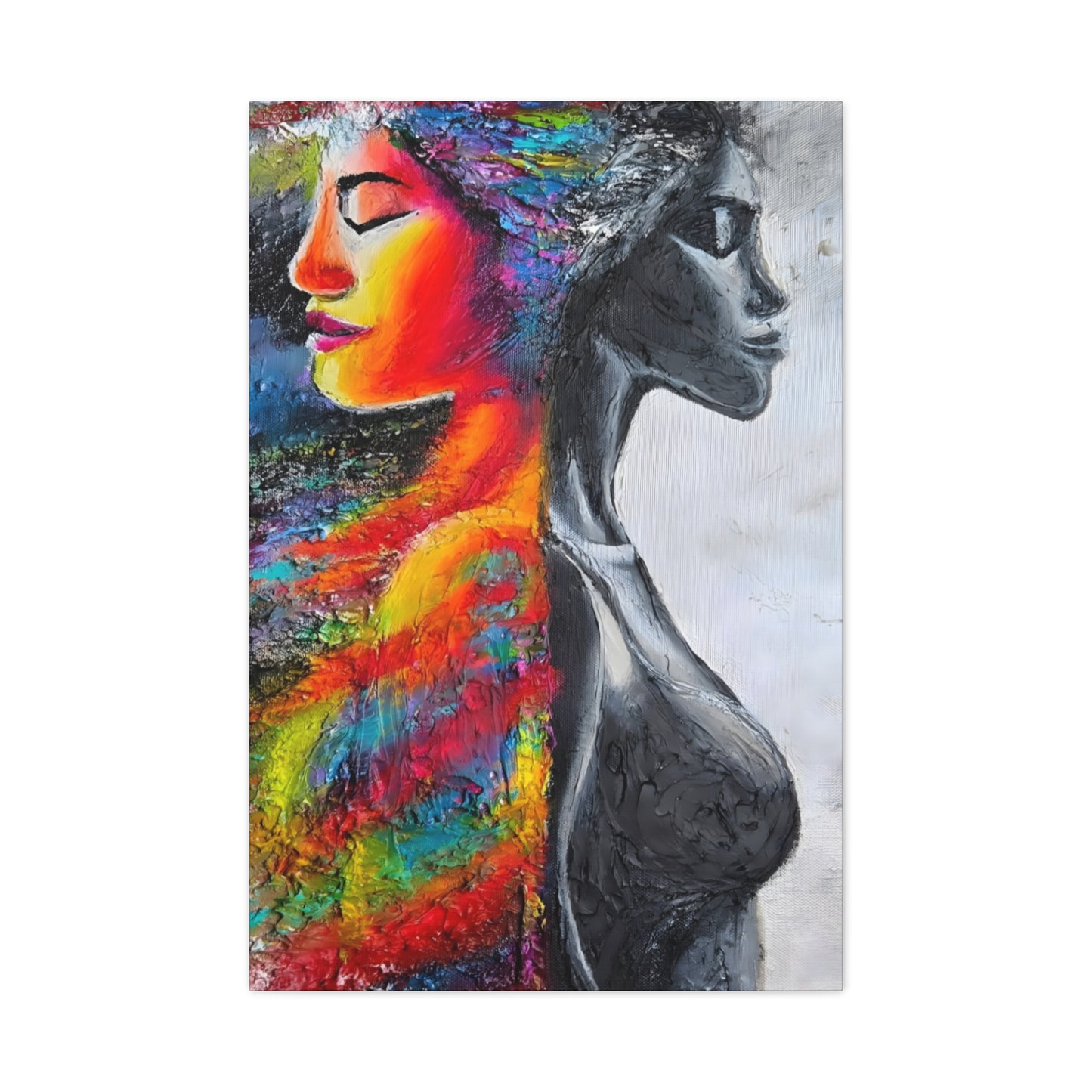 Duality Portrait Canvas Print — Colorful Woman & Monochrome Silhouette Stretched Matte
