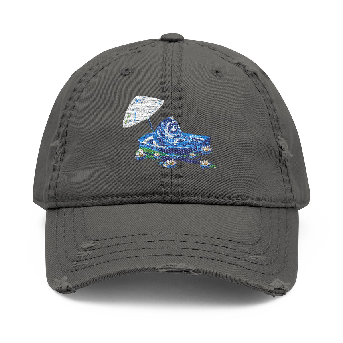 Distressed Embroidered Dad Hat — Blue Abstract Raccoon Design