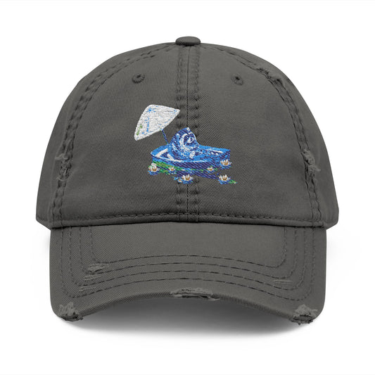 Distressed Embroidered Dad Hat — Blue Abstract Raccoon Design